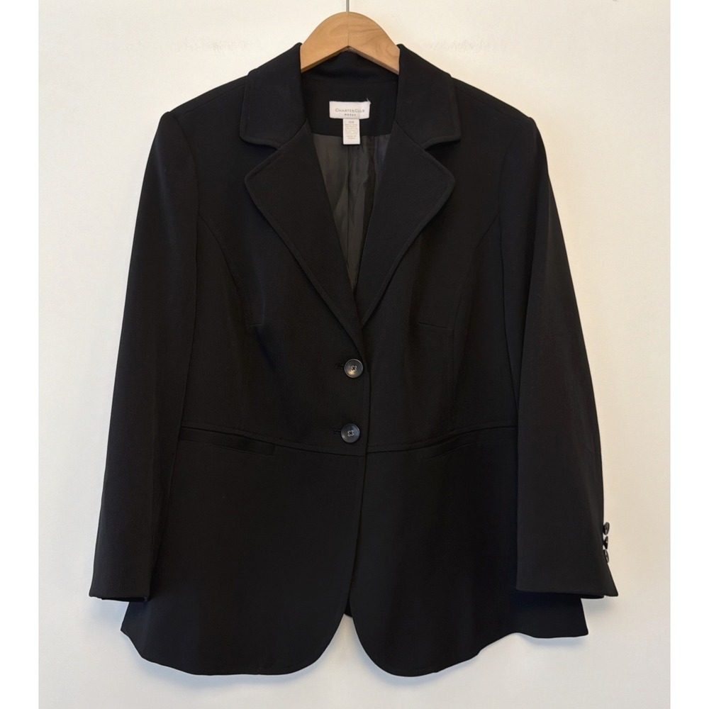 Charter Club Women Button Up Blazer Jacket Size 14W Black Preppy Office Career